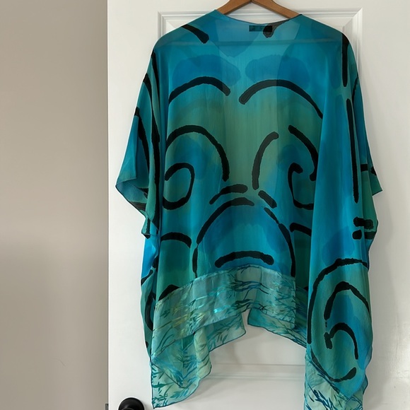 Hand-Painted Signed Open-Front Silk Kimono w Sheer Border Blue Green - Picture 9 of 12